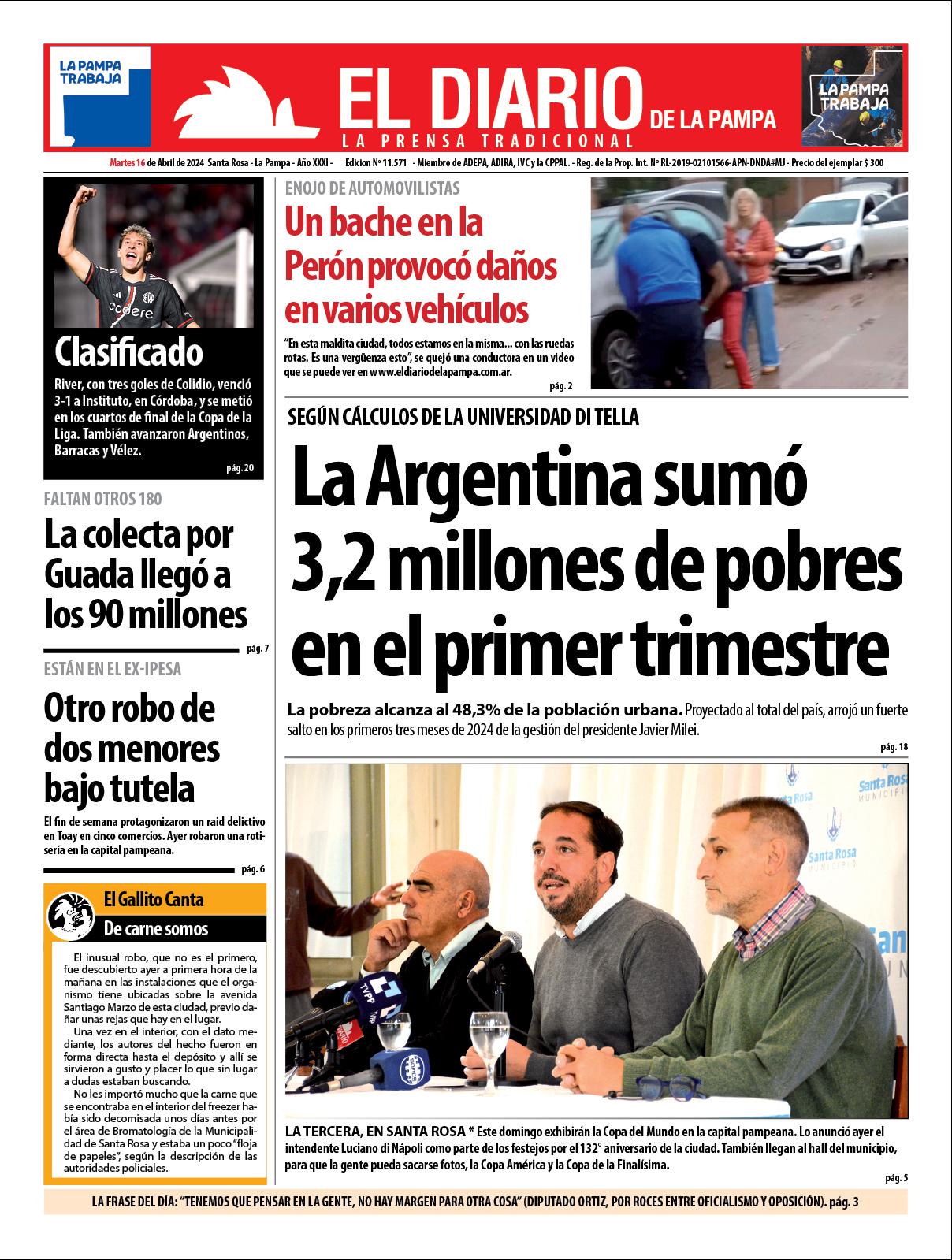 Tapa de El Diario en papel  martes 16 de abril de 2024